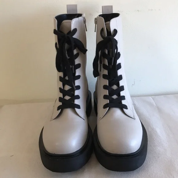 H&M Sz 41 combat boots white vegan leather black chunky sole black lace side zip - Picture 2 of 8